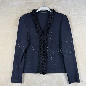 St John Evening By Marie Gray Black Sequined Ruffle Cardigan Sweater Size 4